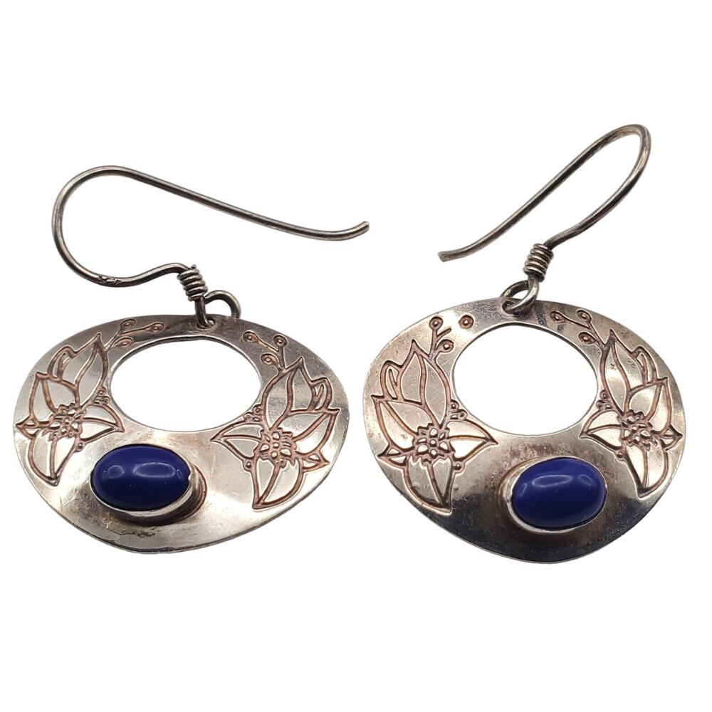 Sterling Silver Lapis Lazuli Earrings Lotus Flower Signed MF 925 Dangle Bohemian